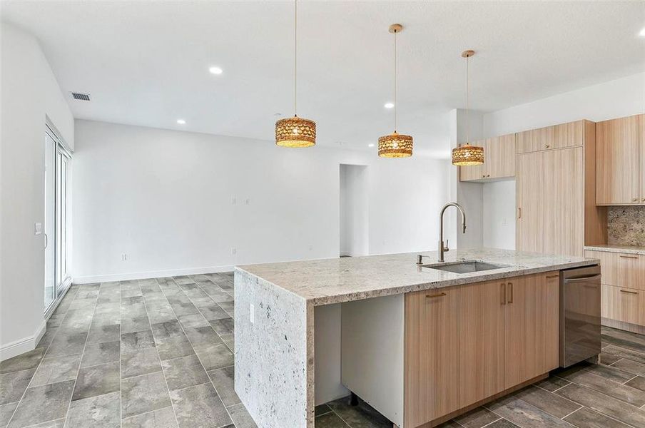 Kitchen Island with Granite counter top and waterfall