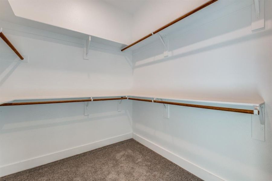 Spacious closet with dark colored carpet
