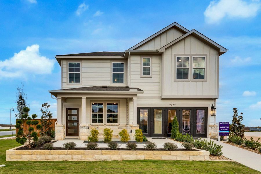 Representative exterior photo of a completed home built from the Primrose by Century Communities in Vue at Evelyn, Austin, TX (Image 1). Representative exterior photo of a completed home built from the Primrose by Century Communities in Vue at Evelyn, Austin, TX (Image 1).