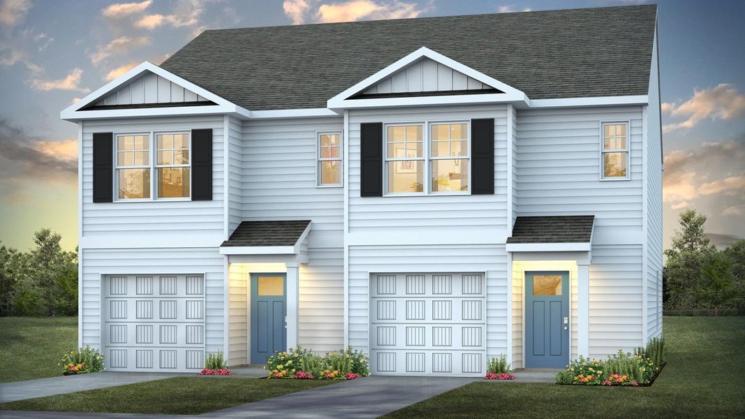 Front exterior of a new home in Townes at Seabrooke, Leland, NC, highlighting curb appeal (Image 1).