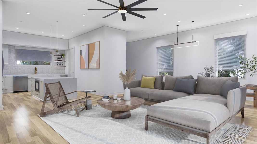 This is an inspirational virtual rendering of the living room - finishes are subject to change without notice. The waterfall countertop on the isalnd is an upgrade. This is an inspirational virtual rendering of the living room - finishes are subject to change without notice. The waterfall countertop on the isalnd is an upgrade.