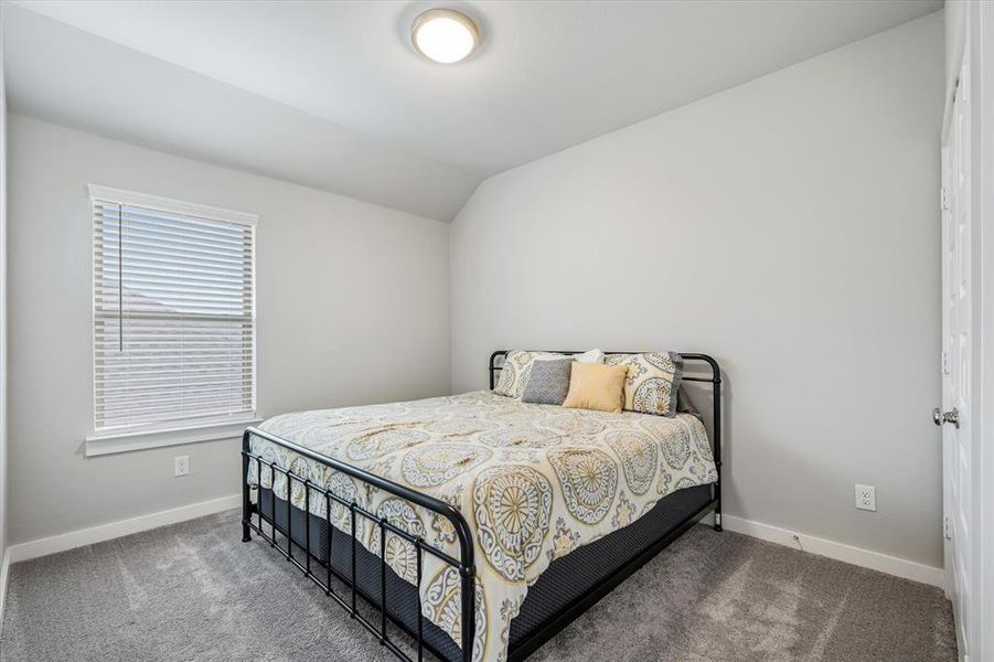 Bedroom with vaulted ceiling and carpet flooring