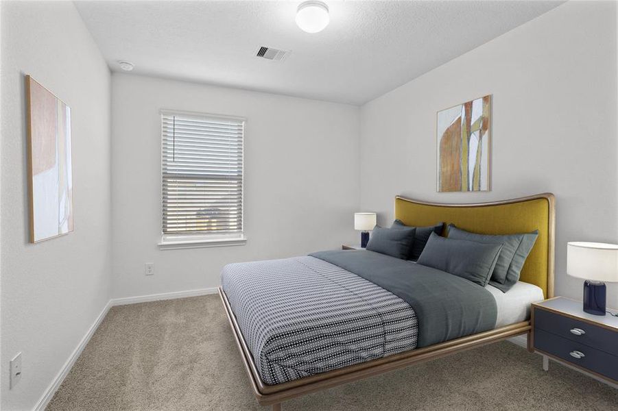 Secondary bedroom features plush carpet, neutral paint and a large window with privacy blinds.