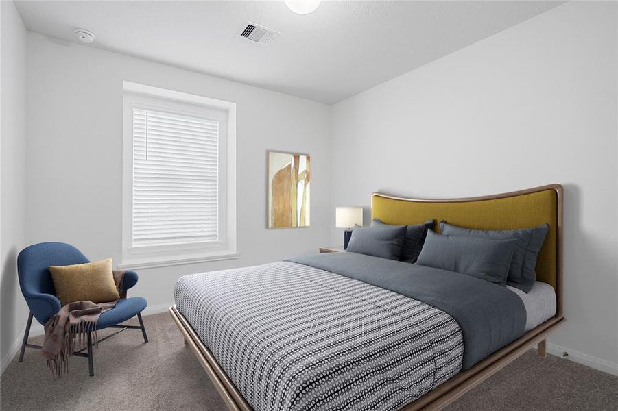 Secondary bedroom features plush carpet, custom paint, lighting, ample closet space, and a large window with privacy blinds.