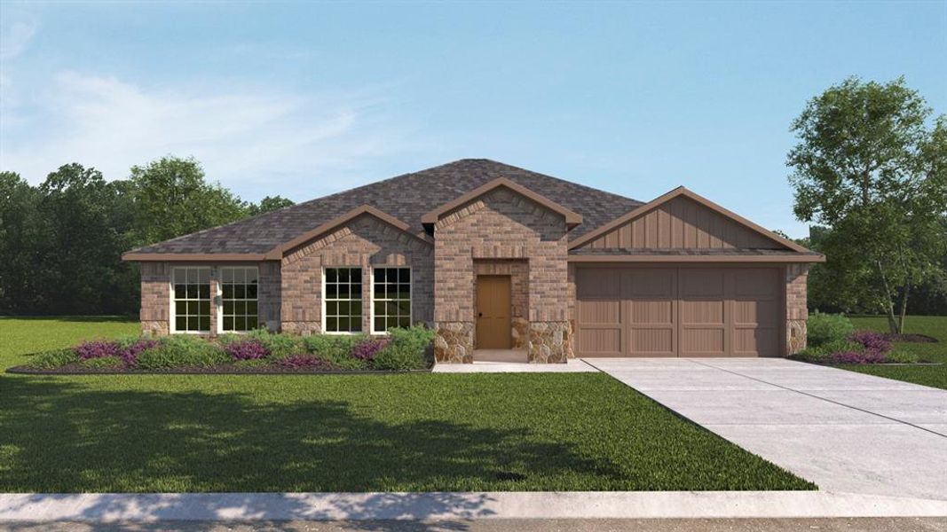 Front exterior of a new home in Fireside by the Lake, Garland, TX, highlighting curb appeal (Image 2). Front exterior of a new home in Fireside by the Lake, Garland, TX, highlighting curb appeal (Image 2).