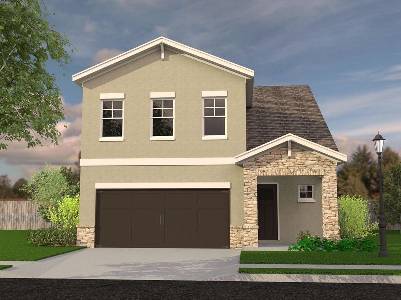 Representative exterior photo of a completed home built from the Hartsfield by Rocklyn Homes in Emerald Fields, Hudson, FL (Image 1).