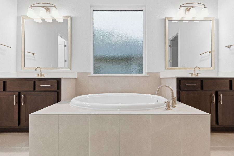 Primary Bath retreat with dual vanities & garden tub