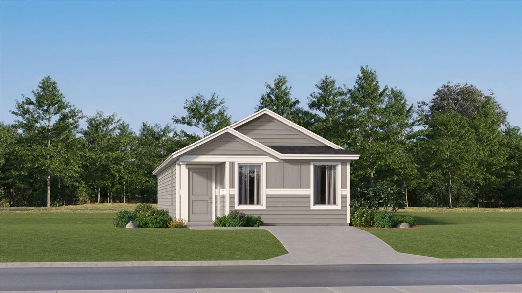 Front exterior of a new home in Rancho Del Cielo, Jarrell, TX, highlighting curb appeal (Image 2). Front exterior of a new home in Rancho Del Cielo, Jarrell, TX, highlighting curb appeal (Image 2).