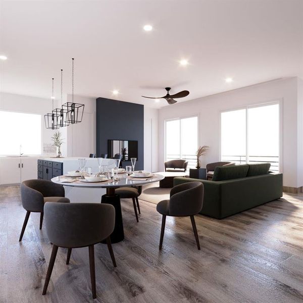 Virtually Staged Living Room: Lighting, Ceiling Fan, Vinyle Wood Floors and Paint Colors will be included as pictured.