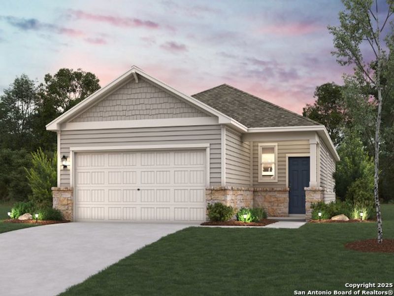 Front exterior of a new home in Spring Creek, San Antonio, TX, highlighting curb appeal (Image 1).