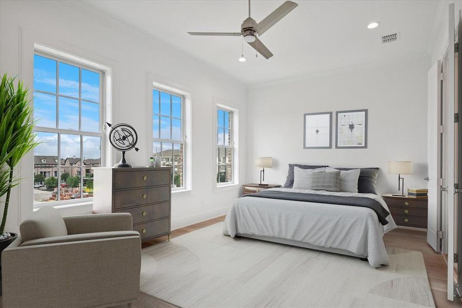 Bedroom with recessed lighting, ornamental molding, ceiling fan, and light wood-type flooring