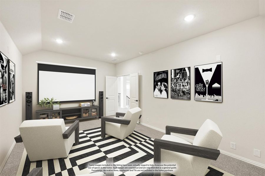 Media room with projection screen, three chairs, black and white checkered rug, and classic movie posters on the wall.