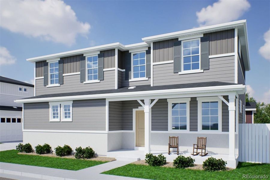 Front exterior of a new home in Green Valley Ranch, Aurora, CO, highlighting curb appeal (Image 14).