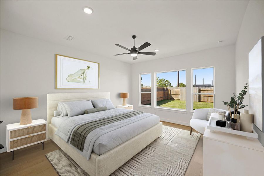 The primary bedroom is spacious and serene, with soft natural light streaming through large windows, creating a calm, inviting atmosphere perfect for relaxation. The primary bedroom is spacious and serene, with soft natural light streaming through large windows, creating a calm, inviting atmosphere perfect for relaxation.