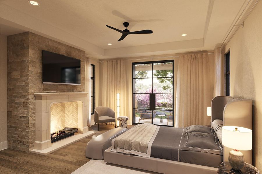 Primary owners suite features stone fireplace, and steel/glass french doors that open to outdoor terrace.