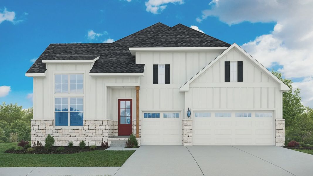 Exterior elevation with modern design and brick half wall. Exterior elevation with modern design and brick half wall.