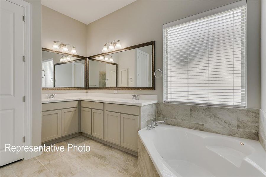 Bathroom featuring vanity and tiled tub