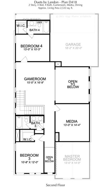 2D floor plan layout for the Duets D418 by Landon Homes in Duets 41s, Frisco, TX (Image 11). 2D floor plan layout for the Duets D418 by Landon Homes in Duets 41s, Frisco, TX (Image 11).