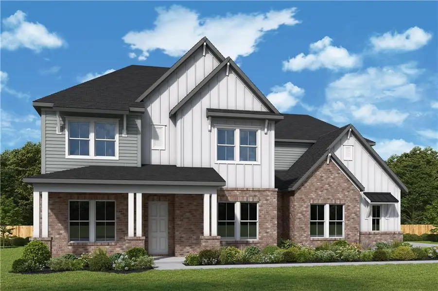 Front exterior of a new home in Meadow Brook Farms, Cumming, GA, highlighting curb appeal (Image 1).