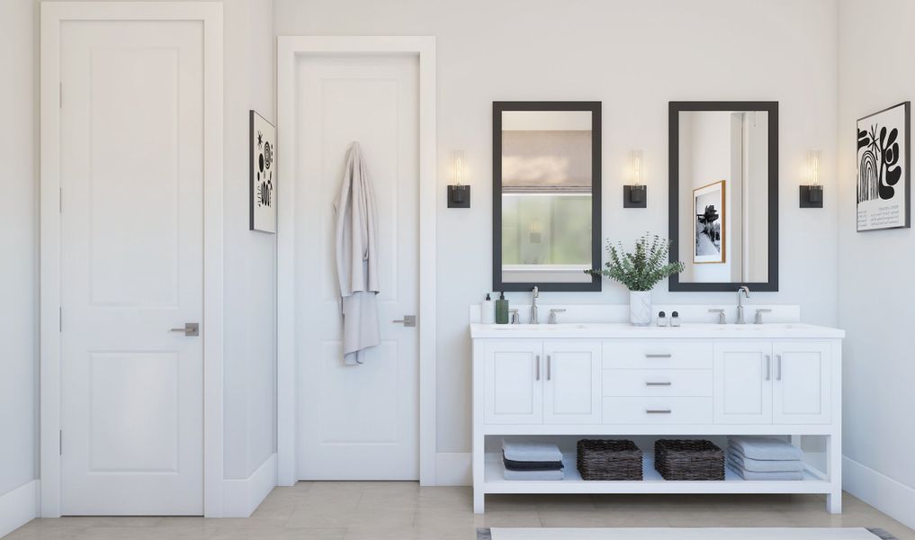 Primary bath with freestanding vanity