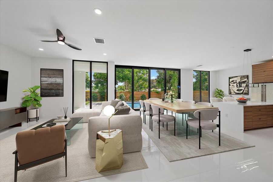 VIRTUALLY STAGED living room/great room/dining area