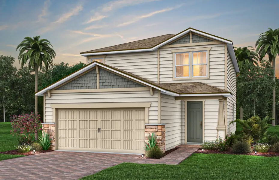 Front exterior of a new home in The Preserve at Bannon Lakes, St. Augustine, FL, highlighting curb appeal (Image 1). Front exterior of a new home in The Preserve at Bannon Lakes, St. Augustine, FL, highlighting curb appeal (Image 1).