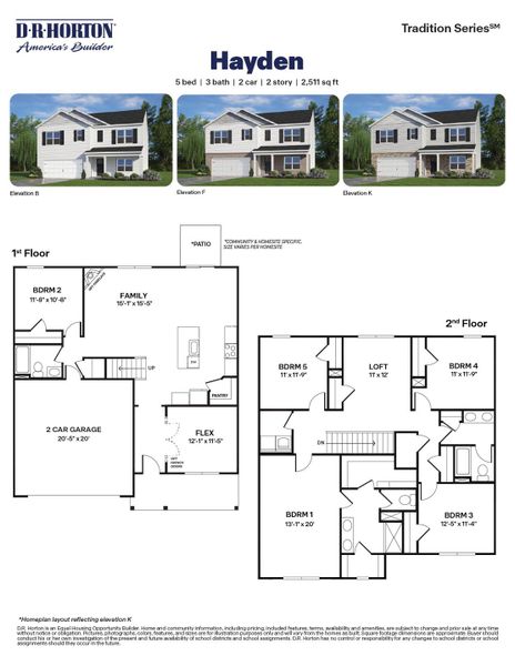 2D floor plan layout for the HAYDEN by D.R. Horton in The Landing at Winston Pointe, Clayton, NC (Image 3).