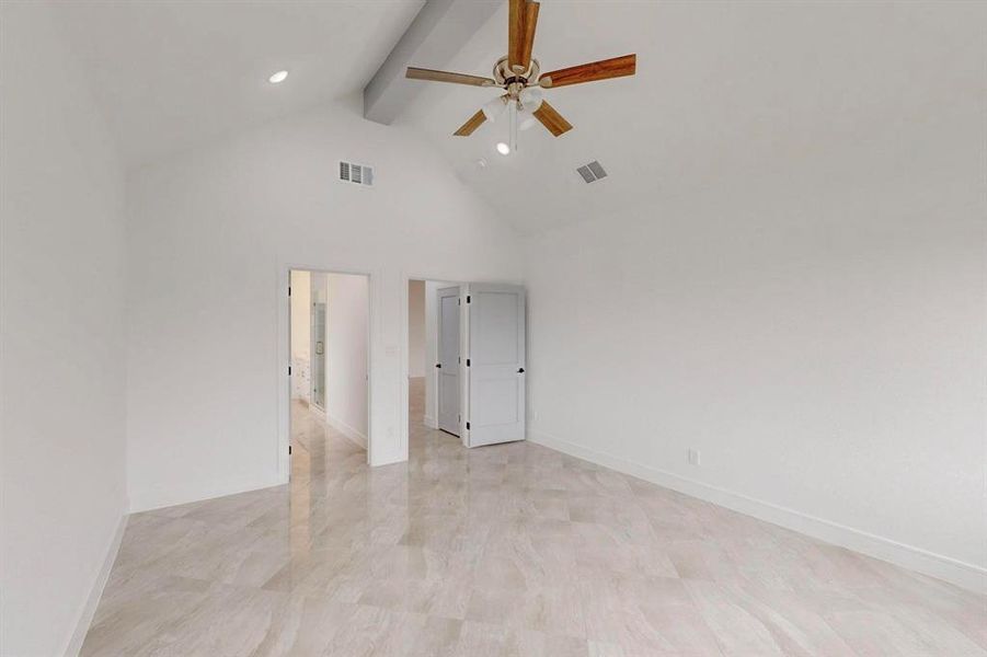 Unfurnished room with high vaulted ceiling, beamed ceiling, a ceiling fan, and recessed lighting