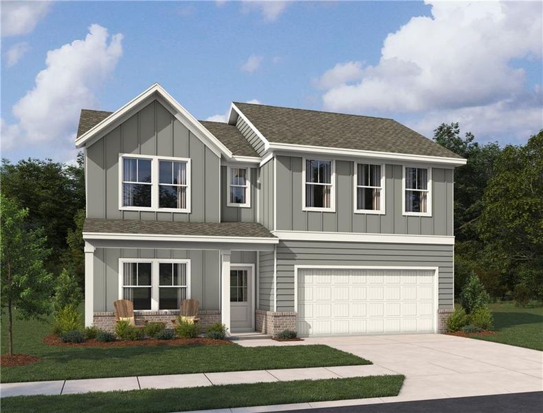 Front exterior of a new home in The Estates at Casteel, Bethlehem, GA, highlighting curb appeal (Image 1).