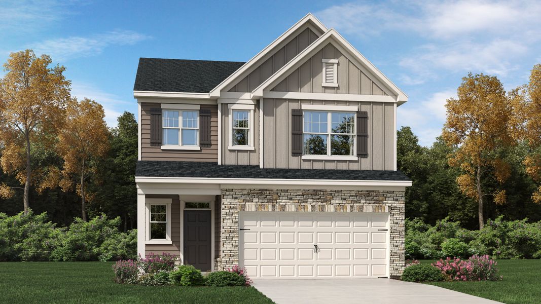 Front exterior of a new home in Cayden Cove: Hanover Collection, Wendell, NC, highlighting curb appeal (Image 1).