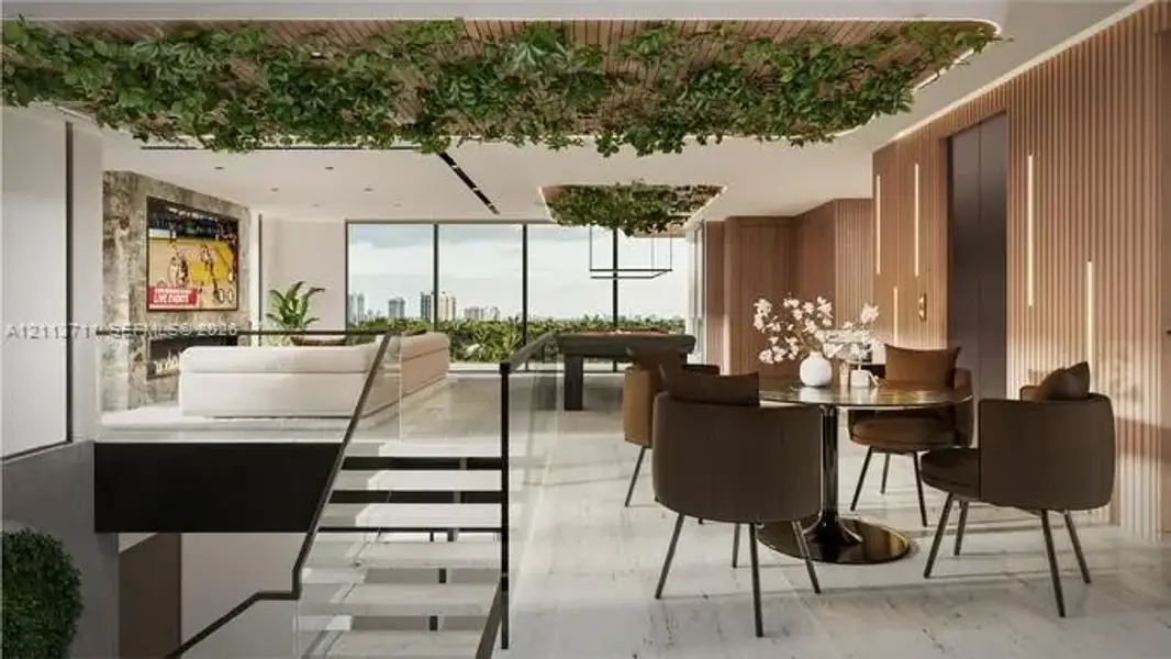 Open-concept interior featuring light-toned stone flooring, floor-to-ceiling windows, slatted wood-finish wall paneling, a stone-surround fireplace, and a glass-paneled staircase