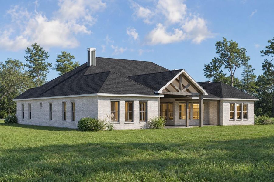 Rendering shows the game room and back porch areas, wood trussel back porch.