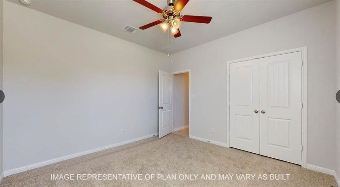 Unfurnished bedroom featuring visible vents, ceiling fan, a closet, baseboards, and carpet floors Unfurnished bedroom featuring visible vents, ceiling fan, a closet, baseboards, and carpet floors