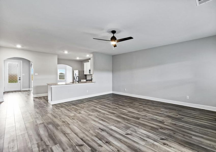 The family room of the Michigan floor plan sits right off of the kitchen.