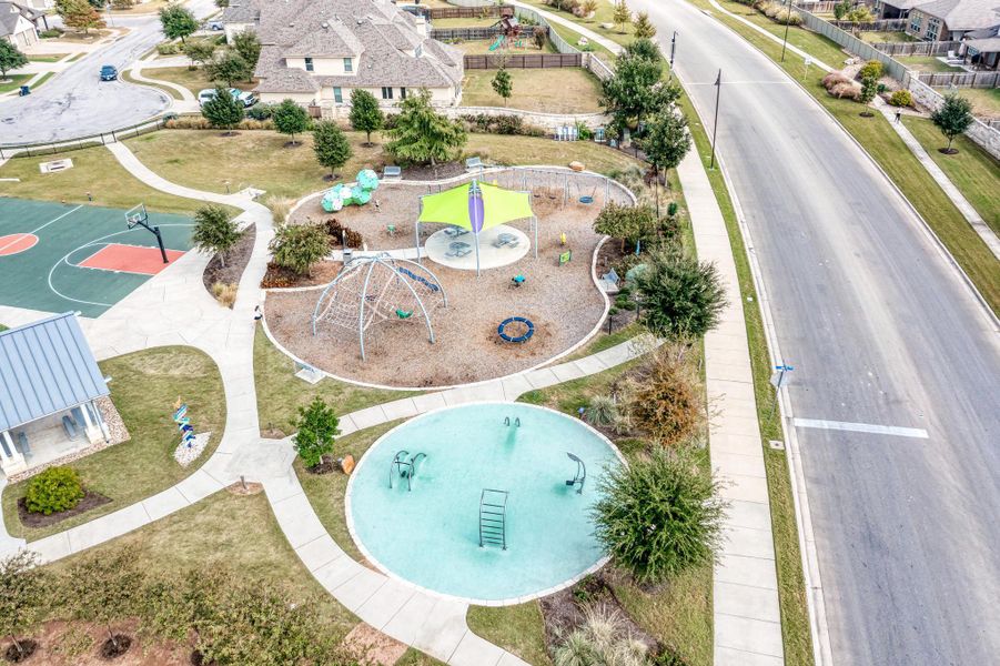 Aerial view of residential area with a community park