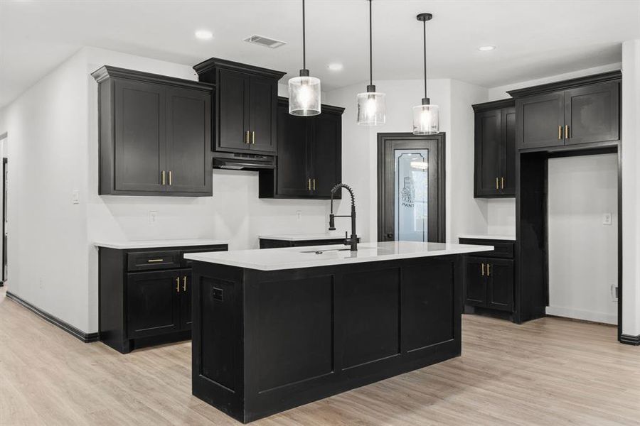 Kitchen featuring sink, a center island with sink, hanging light fixtures, and light wood-type flooring