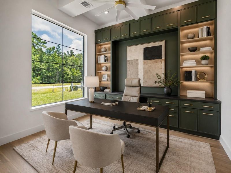 Every detail was thought of in this dedicated home office from the ceiling design to this gorgeous built-in with soft close drawers and cabinets. Perfect for work from home families that overlooks the front yard through the huge almost floor to ceiling window. Image is virtually staged. Every detail was thought of in this dedicated home office from the ceiling design to this gorgeous built-in with soft close drawers and cabinets. Perfect for work from home families that overlooks the front yard through the huge almost floor to ceiling window. Image is virtually staged.