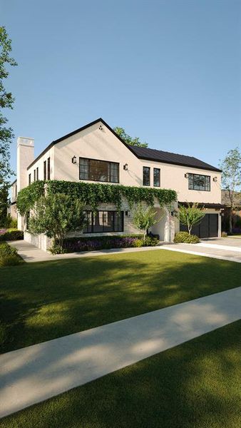 View of front of property featuring stucco siding, a front lawn, an attached garage, and a chimney View of front of property featuring stucco siding, a front lawn, an attached garage, and a chimney