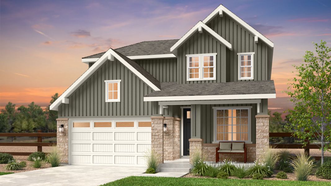 Front exterior of a new home in The Town Collection at Independence, Elizabeth, CO, highlighting curb appeal (Image 1). Front exterior of a new home in The Town Collection at Independence, Elizabeth, CO, highlighting curb appeal (Image 1).