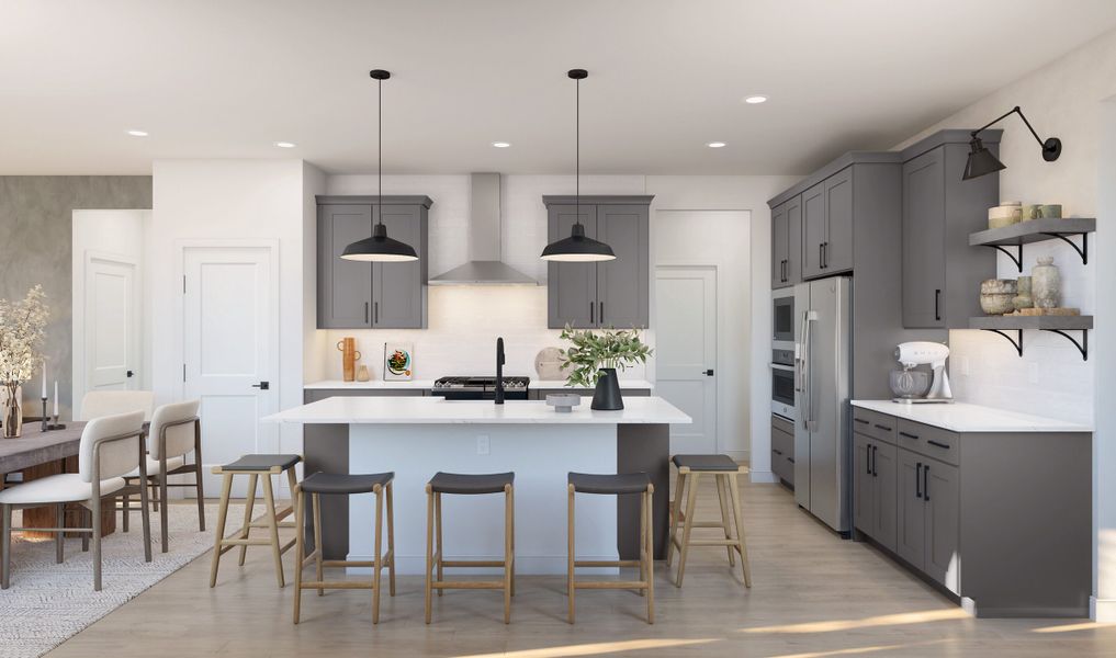 Kitchen with pendant lighting and floating shelves