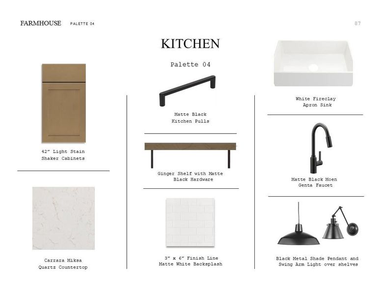 Farmhouse Look Palette 4: Kitchen Selection Sheet (*Artist rendering used for illustration purposes only.)