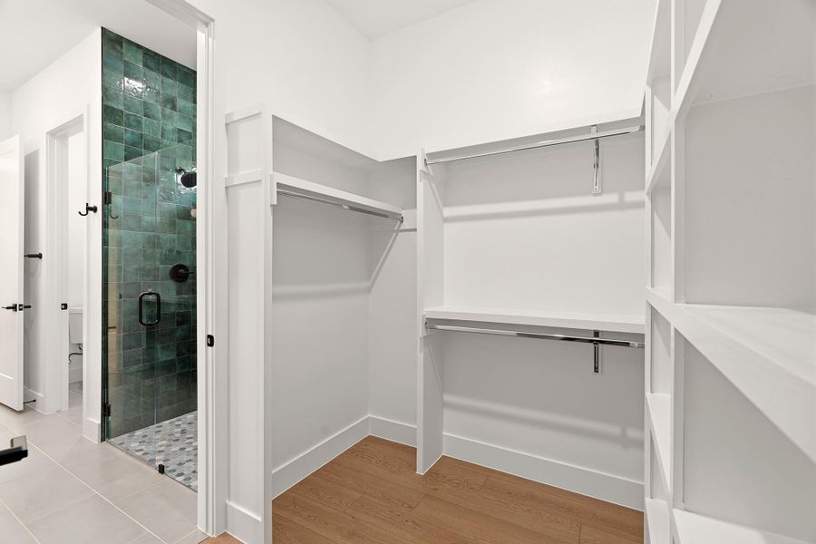 Master Bedroom Walk in closet with light wood-style flooring
