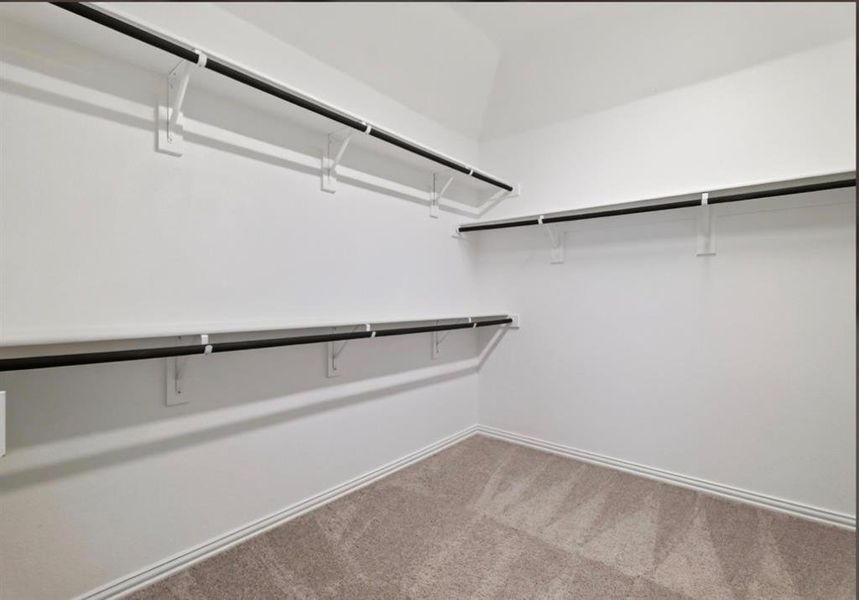 Walk in closet featuring light colored carpet