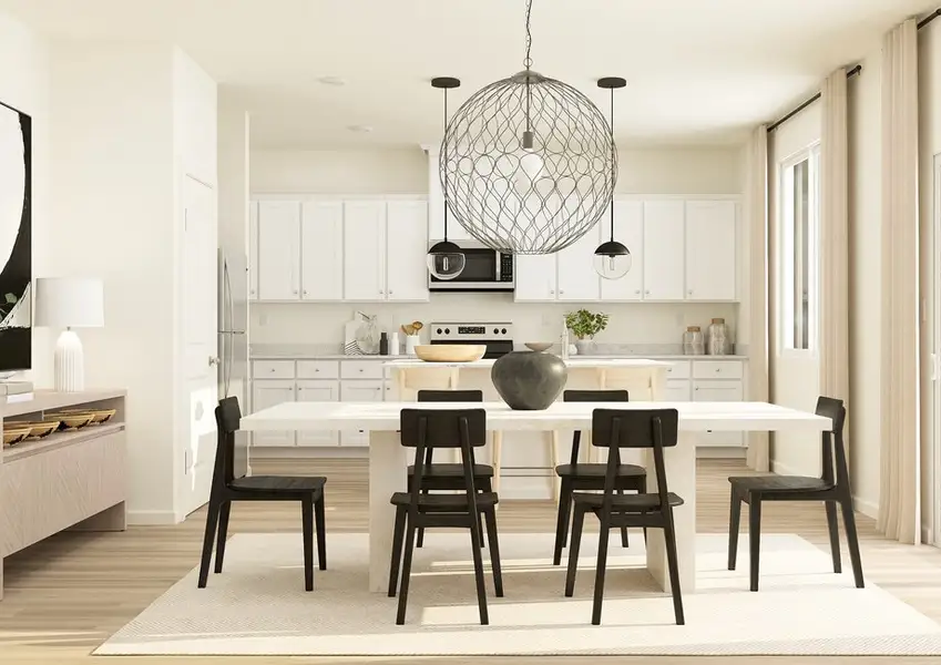 Rendering of a  dining room showing a large white table surrounded by six black chairs. The  kitchen can be seen behind the table.