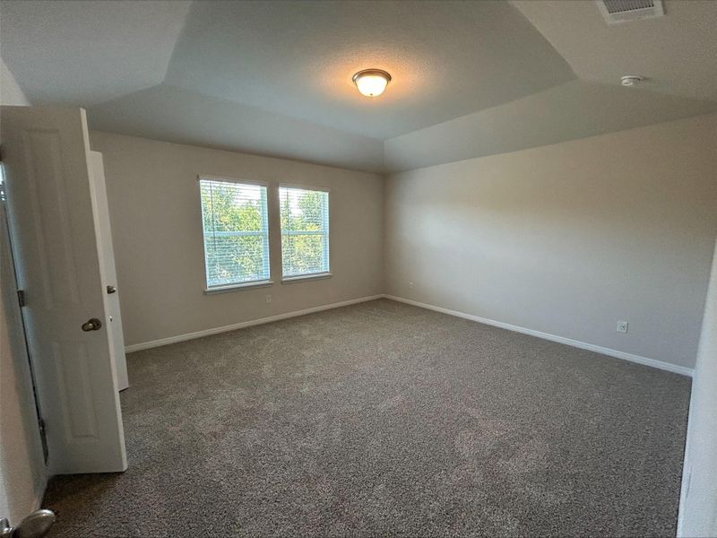 Unfurnished room featuring carpet flooring and a tray ceiling