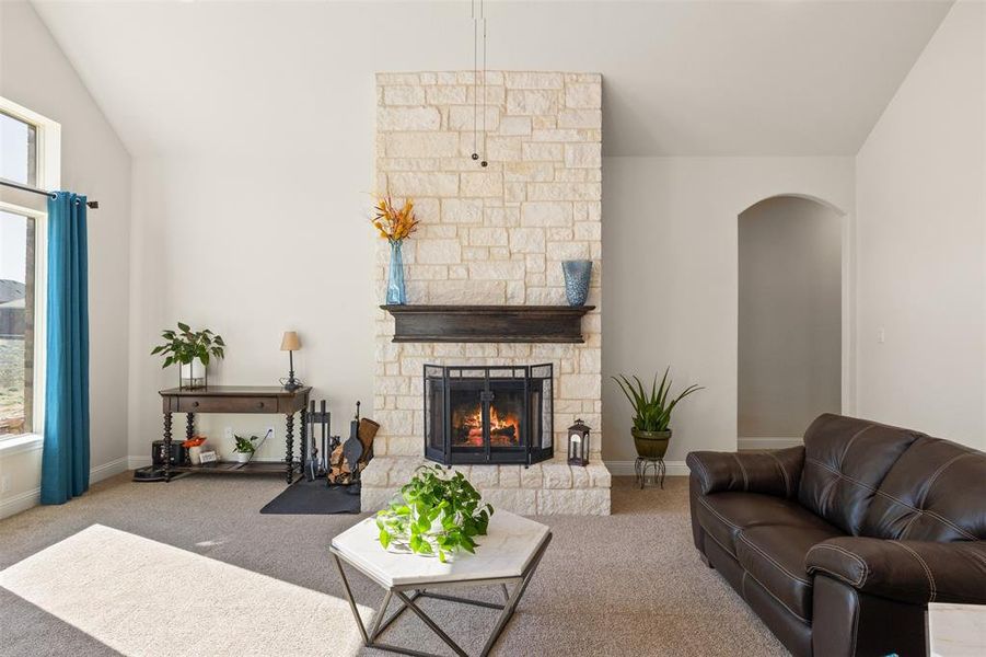 Living room with vaulted ceiling, a stone fireplace, a healthy amount of sunlight, and carpet Living room with vaulted ceiling, a stone fireplace, a healthy amount of sunlight, and carpet