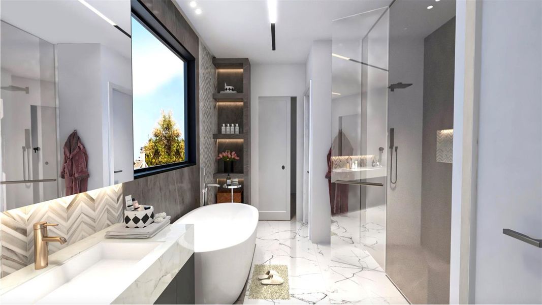 This modern bathroom features a sleek design with a freestanding tub, large glass-enclosed shower, and stylish vanity with gold fixtures. The space is enhanced by marble flooring, a large window for natural light, and built-in shelving for storage. Virtually staged. This modern bathroom features a sleek design with a freestanding tub, large glass-enclosed shower, and stylish vanity with gold fixtures. The space is enhanced by marble flooring, a large window for natural light, and built-in shelving for storage. Virtually staged.