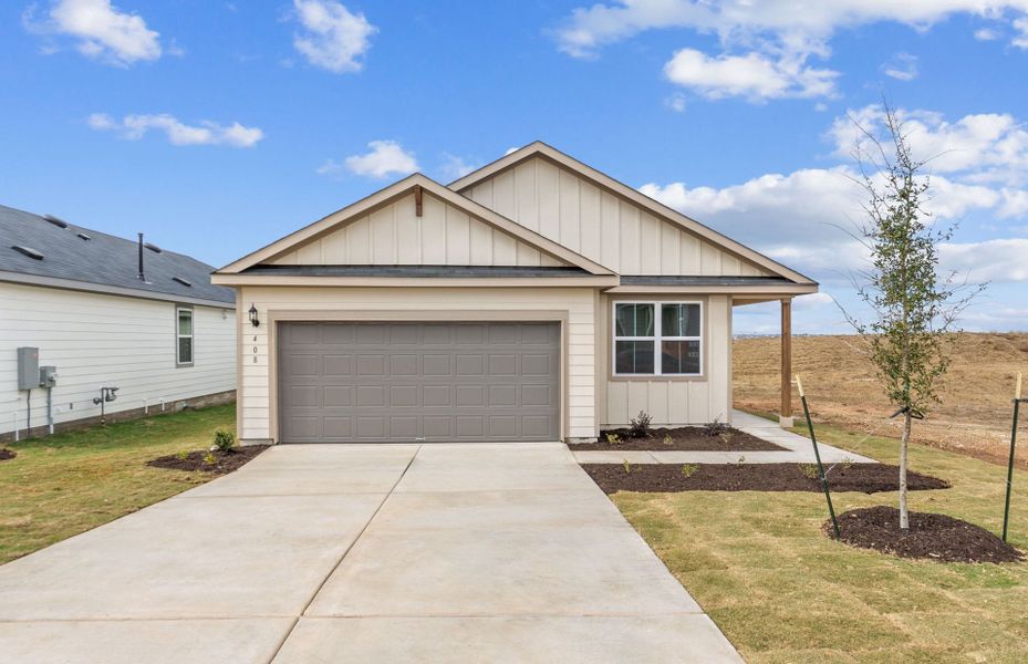 Front exterior of a new home in Larson Crossing, Elgin, TX, highlighting curb appeal (Image 19).
