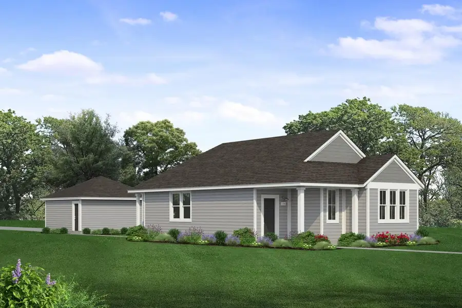 Rendering of one story two-toned grey home with black door and detached garage with sky and landscaping Rendering of one story two-toned grey home with black door and detached garage with sky and landscaping