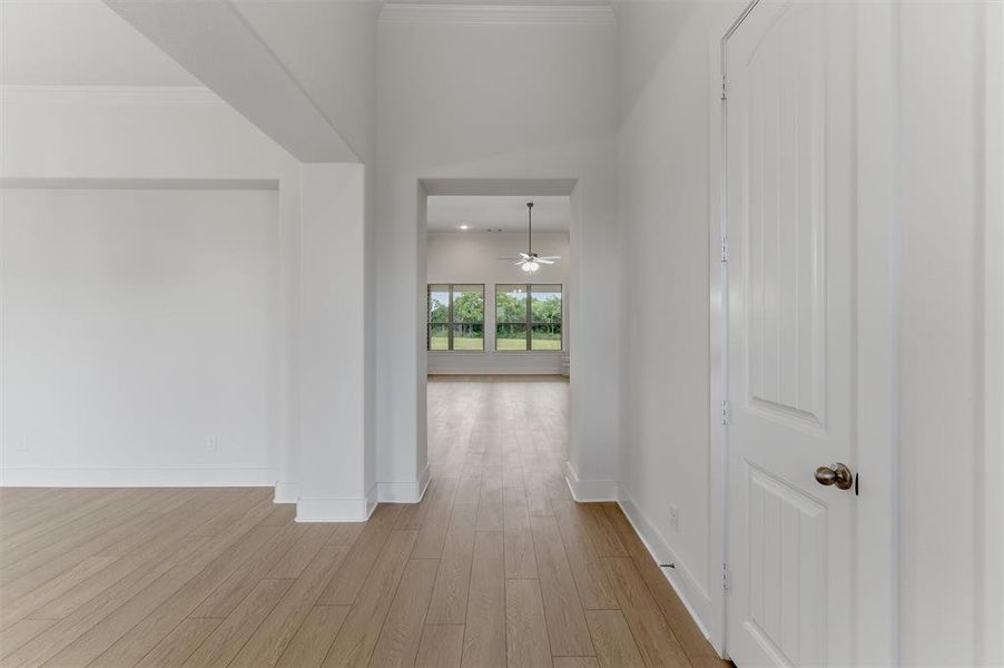 Bright interior with wood-finish flooring extending through an arched entryway Bright interior with wood-finish flooring extending through an arched entryway